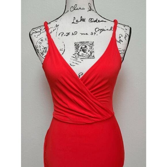 🧡 BEBE Twist Skirt Asymmetrical Hem Grecian Goddess Orange Dress Size XXS/TTP - Picture 3 of 12